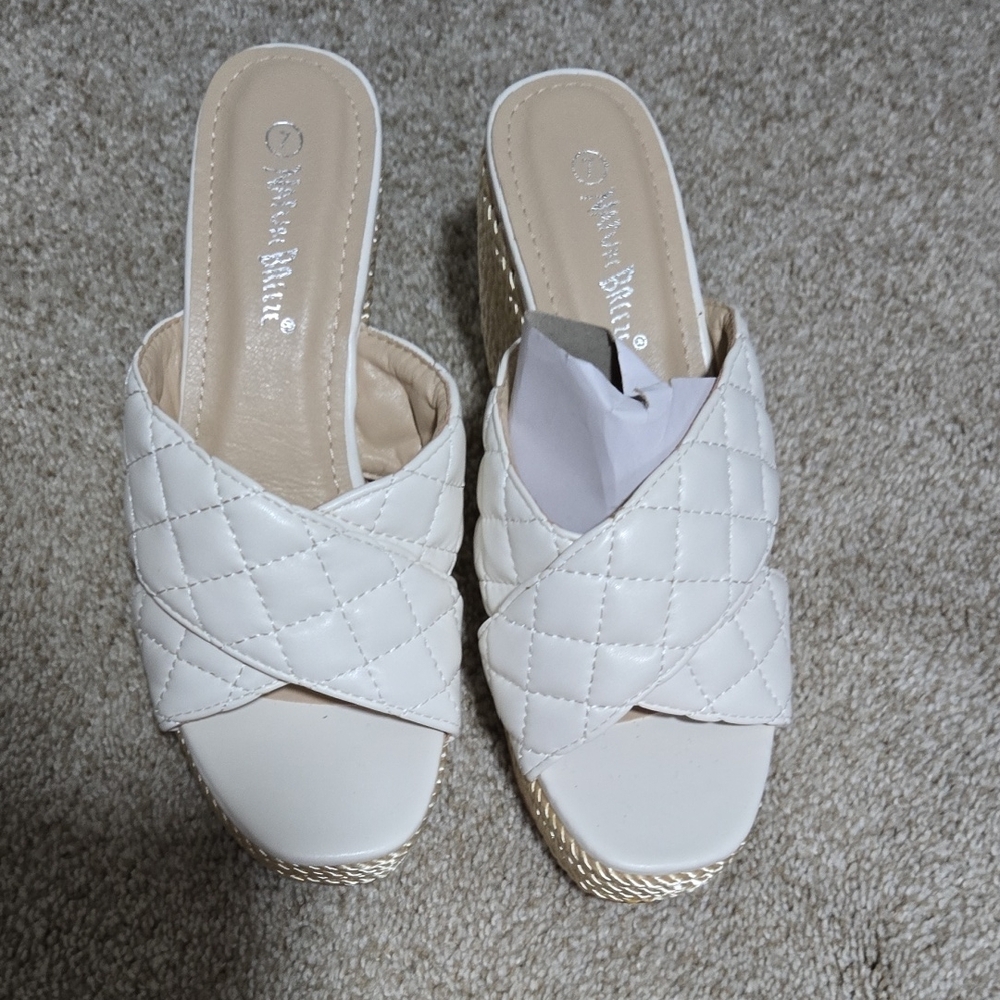White Quilted Slip-On Wedge Sandals